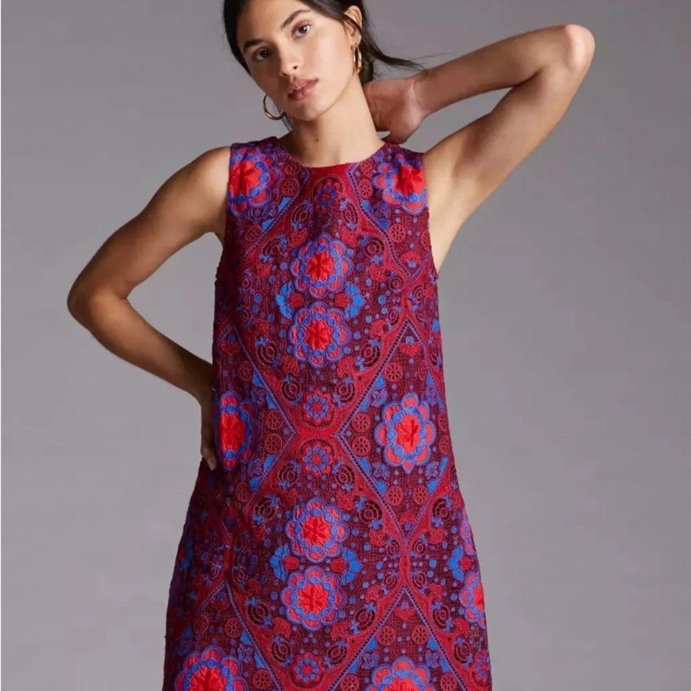 Eva Franco | Anthropologie | Vibrant Eyelet Mini Dress in  Red and Blue | Sz 12